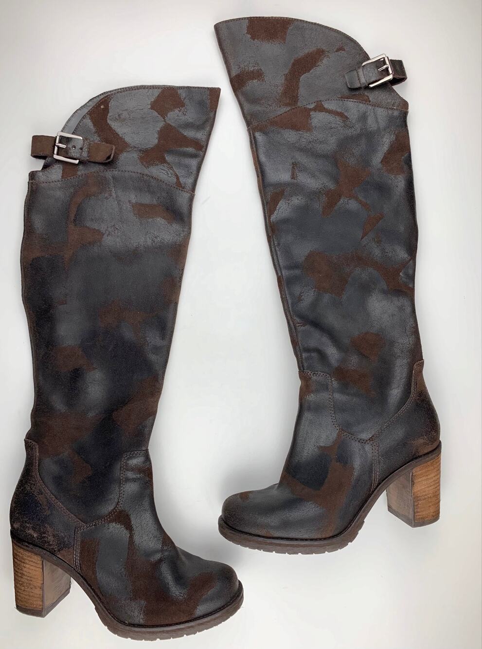 Donald Pliner Taria Over The Knee Boots Distressed Brown Leather Heels Womens 10